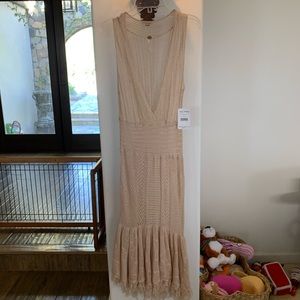 Free People NWT light knit open weave unlined dress in champagne, sz M